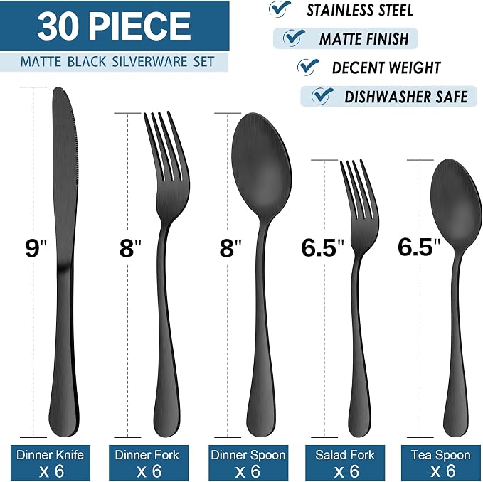 LIANYU 30 Piece Matte Black Silverware Set, Satin Finish Black Flatware Cutlery - Image 7