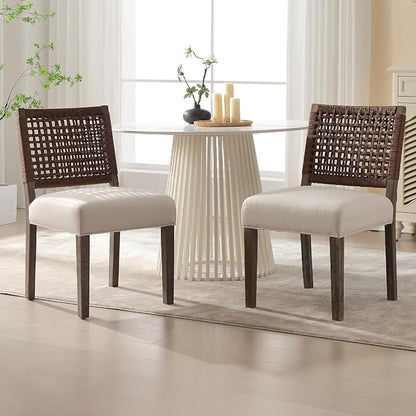 Farmhouse Dining Chairs Set of 2 Linen Fabric Upholstered Accent Side Chair, Mid Century Modern Kitchen & Dining Room Chairs with Woven Rope Back for Home, Living Room, Bedroom - Beige
