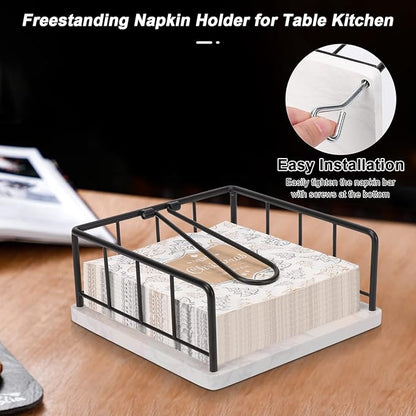Livabber Flat Napkin Holder, Metal Kitchen Napkin Storage with Weighted Tension Arm Rustic Tissue Paper Dispenser for Countertop, Table Kitchen, Dining Room (With Marble Base, Black)