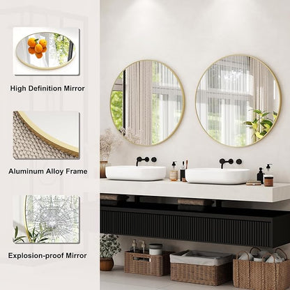 36 Inch Round Bathroom Mirror - Gold Wall Mounted Circle Mirror with Metal Frame, Modern Round Hanging Mirror Suitable for Bathroom, Vanity, Entryway, Living Room