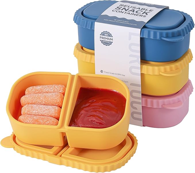 3 Pack Silicone Reusable Snack Containers - 8 oz Double Compartment Snackle Box by LOROTOCO
