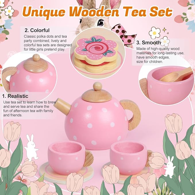 Wooden Tea Party Set for Little Girls, Toddler Girl Gifts Princess Tea Time Toys - Image 3