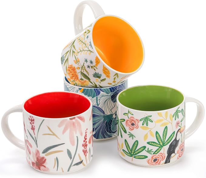 Frcctre Set of 4 Ceramic Coffee Mug Set, Large 15 Ounce Ceramic Tea Cup by Frcctre