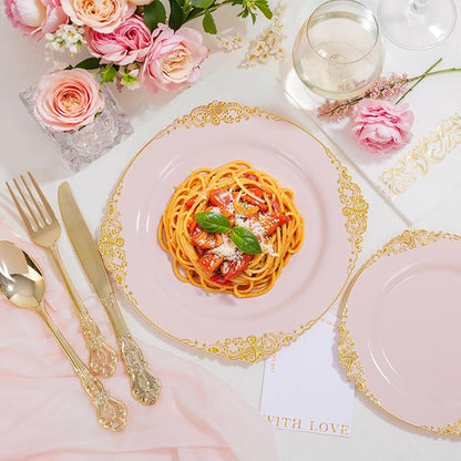 Ciaell 300PCS Pink and Gold Plastic Plates - Pink Disposable Dinnerware Sets for 50 Guests - 100 Plates, 50 Knives, 50 Forks, 50 Spoons, and 50 Napkins for Wedding, Party & Valentine's Day
