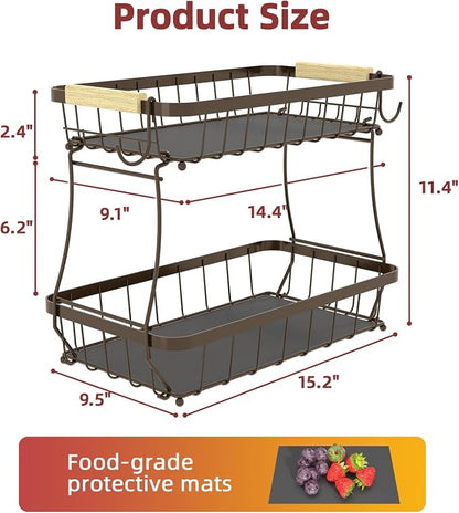 2-Tier Fruit Basket with Banana Hangers, Detachable Metal Bowl | Wooden handle - Image 7