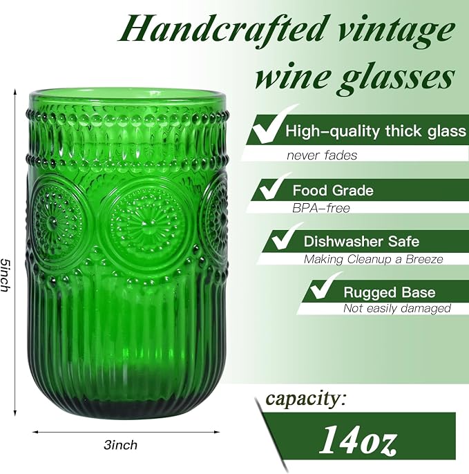CHLJAR Christmas Green Vintage Wine Drinking Glasses Set of 6, 14 oz hobnail - Image 2