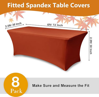 Table Cover for 6 Foot Rectangle Tables-8 Pack Rust Fitted Stretch Fall Tablecloth-Spandex 6ft Thanksgiving Tablecloths for Party, Vendor Booth Display, Banquet Event, Craft Trade Show
