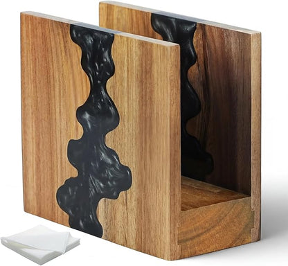 Artistic Napkin Holder, Acacia Wood and Blue Epoxy Resin by Loongresinwood