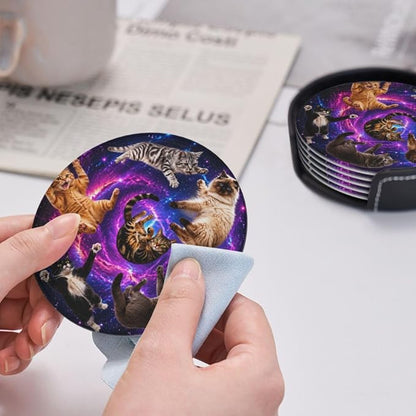 Cosmic Galaxy Cat Art Leather Coasters Set of 6 - Image 6