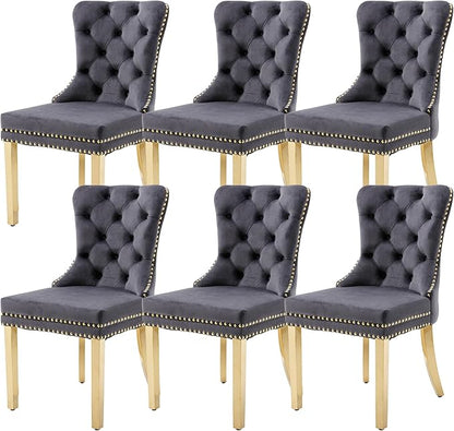 KCC Velvet Dining Chairs Set of 6, Upholstered High-end Tufted Dining Chair with Nailhead Back Ring Pull Trim Stainless Steel Legs, Contemporary Nikki Collection Modern Style for Kitchen, Dark Gray