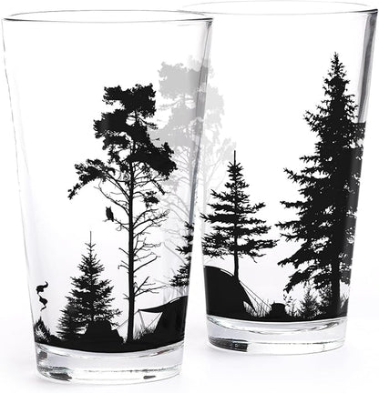 Black Lantern Nature Themed Pint Glasses Set of 2 – Pint Glasses in Unique Designs for Craft Beer Enthusiasts - (Set of Two 16oz. Glasses) - Beer Glasses for Nature Lovers (Mountain Camping)