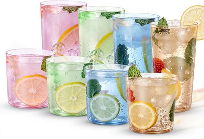 Liacere Colorful Drinking Glasses Set of 8-17oz Highball Plastic Glasses&14oz Cocktail Plastic Glasses Set, Kitchen Water Glasses Cup, Bar Tumbler Glassware Set for Beer,Juice,Cocktail,Whiskey,Milk