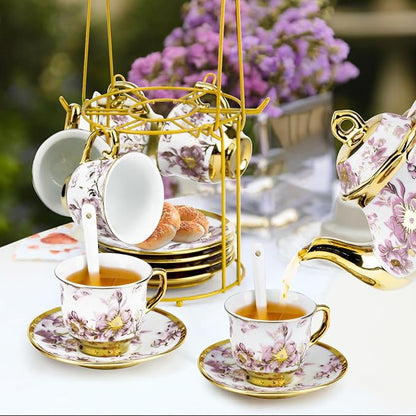 20 Pcs Porcelain Tea Set with Metal Holder, European Ceramic Tea Set - Image 2