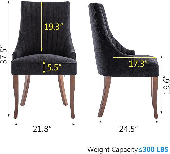 mikibama Linen Dining Chairs Set of 4 Channel Tufted Kitchen Dinner Chair Comfy Fabric Upholstered Accent Chair for Dining Room with Solid Wood Legs (Black 4pc)