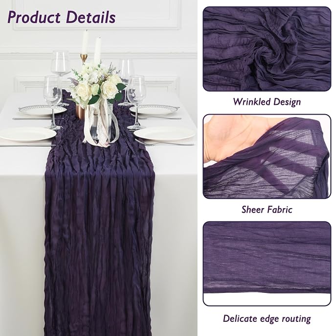 1 Pack Dark Purple Cheesecloth Table Runner 120 Inch Boho Wedding Decor | - Image 3