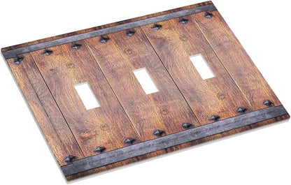 Light Switch Cover Rustic Farmhouse Barn Door Vintage Wood 3 Gang Wall Plate Triple Light Switch Plate Toggle Decorative Outlet Covers Electrical Switchplate for Bathroom Cabin Decor