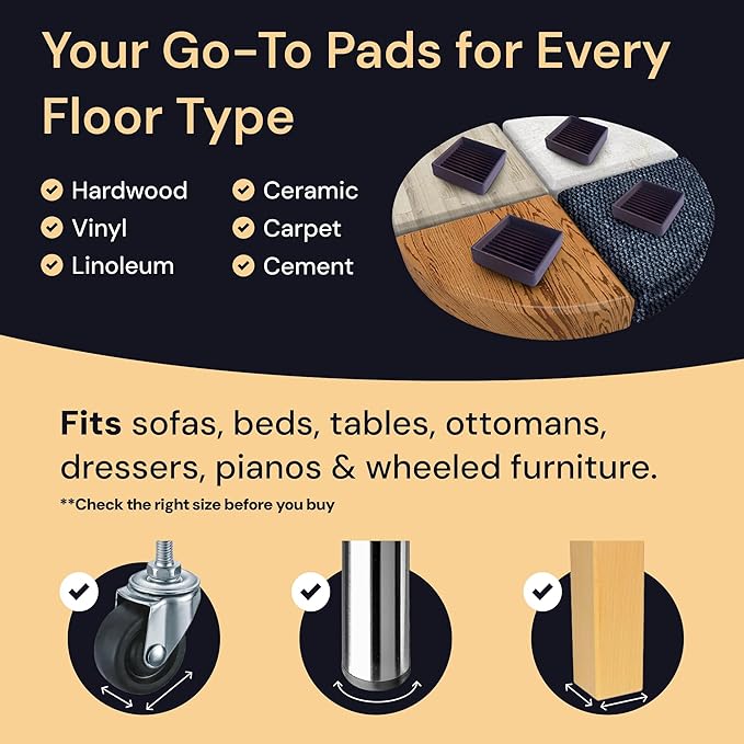 CasterMaster Square Rubber Furniture Pads - 2in x 2in, Pack of 8, Brown - Non-Slip Furniture Sliders for Hardwood Floors - Rubber Feet, Floor Protectors for Chairs & Hardwood Surfaces