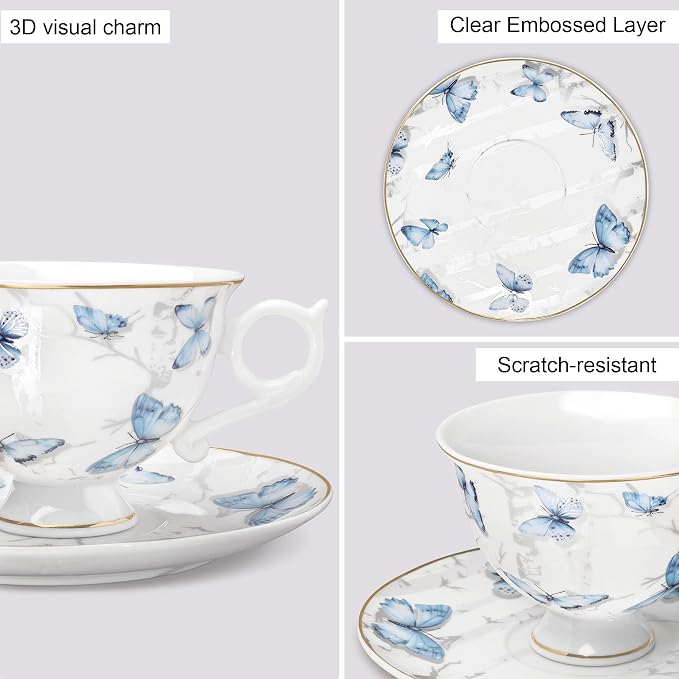 fanquare 6oz British Blue Butterflies Porcelain Tea Cup and Saucer Set of 6 | - Image 3
