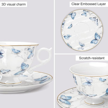 fanquare 6oz British Blue Butterflies Porcelain Tea Cup and Saucer Set of 6 | - Image 3