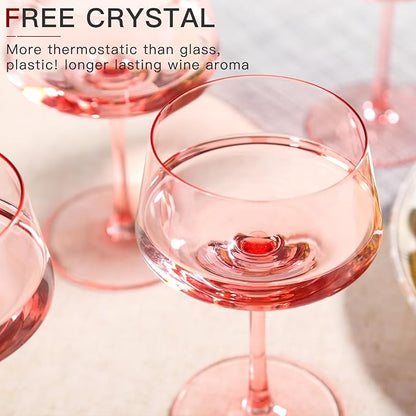 Pink Coupe Glasses Set of 6-13 oz Large Capacity Martini Glassware - Versatile Tall Cocktail Glasses- Hand-Blown Colored Champagne Coupe Glass-Art Deco Cocktail Glasses Set-Wedding Gifts