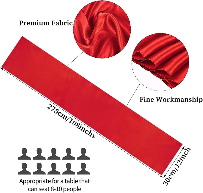10-Pack Red 12 x 108 inches Long Premium Satin Table Runner | Wedding, - Image 2