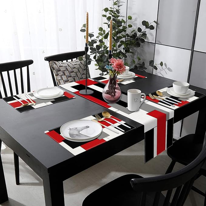 Table Runner and Placemats Set of 6, Geometric Abstract | Art Painting Red Art - Image 8
