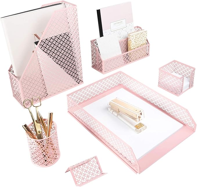BLU MONACO Pink Desk Organizer Set | 6-Piece Metal Desktop Accessories | Mail by Blu_Monaco