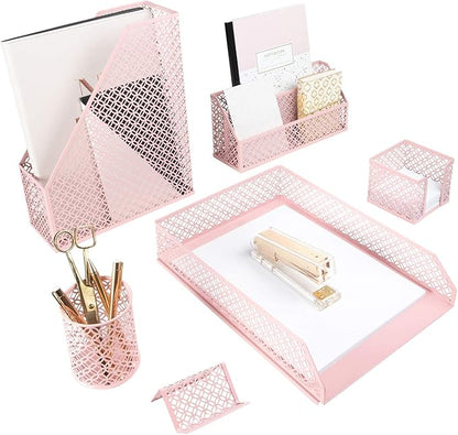 BLU MONACO Pink Desk Organizer Set | 6-Piece Metal Desktop Accessories | Mail by Blu_Monaco