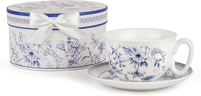 STP GOODS Blue Flowers Bone China Cup and Saucer Set in Gift Box by STP-Goods