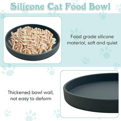 Silicone Dog Bowl Shallow Cat Food Bowls 7in Flat Puppy Plates Cute Whisker Fatigue Pet Feeding Dishes Set of 2 for Dry and Wet Food Indoor (Round Dark Grey)