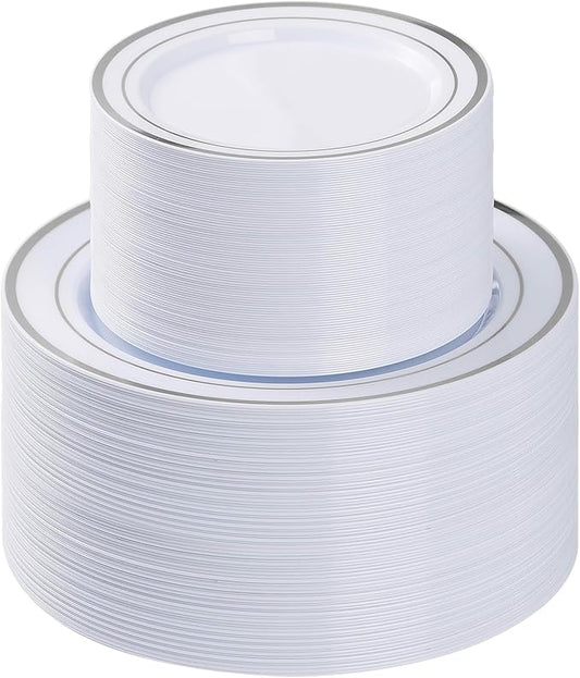 BESTVIP 200PCS Silver Plastic Plate, Disposable Party Plates with 100 Dinner Plates and 100 Dessert Plates, Plastic Plates for Party, Wedding and Birthday