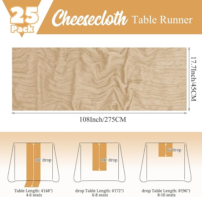 25 Pack Beige Table Runner 17 x 108inch Cheesecloth Table Runner Boho Gauze - Image 2