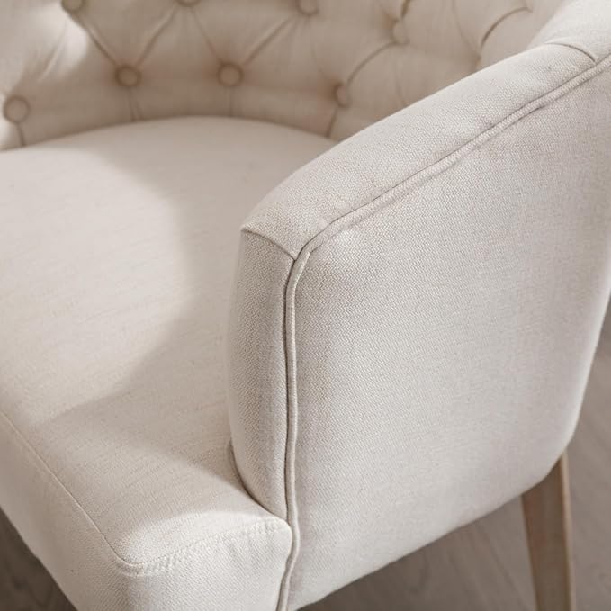 Mid-Century Dining Chairs Set of 4, Tufted Upholstered Linen Dining Room Chairs Comfy Side Chair Armchair Guest Chair with Wooden Legs for Dining Room Living Room, Beige
