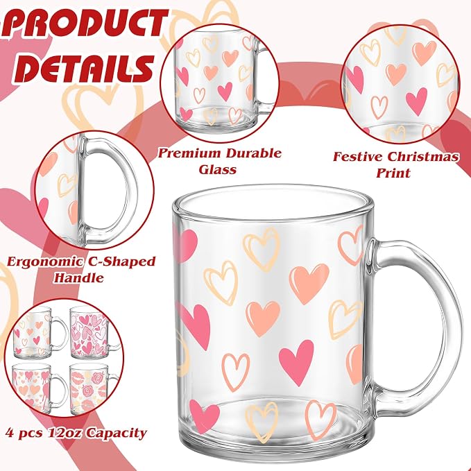 Tioncy 4 Pcs Valentines Heart Coffee Mugs 12 oz Heart Glass Cups - Image 3