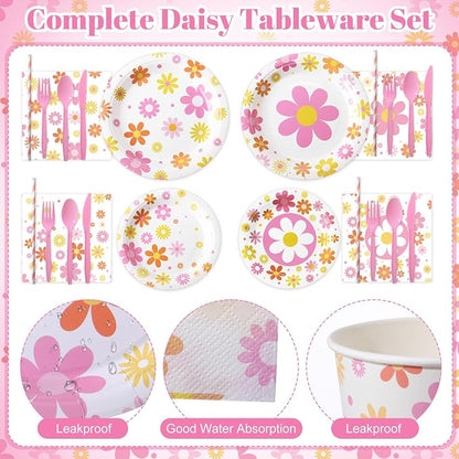 450 Pcs Daisy Groovy Tableware Set Decorations, Serves 50 | Boho Daisy Flower - Image 2