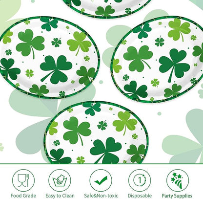 50Pcs St. Patrick’s Day Oval Paper Plates 10" x 12" Large Heavy Duty Disposable Spring Green Irish Shamrock Dessert Platters Lucky Clover Plates for Summer Holiday Festival Party Supplies Decoration