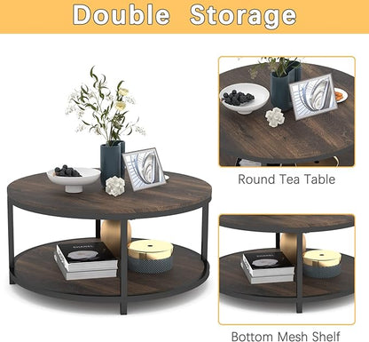 NSdirect 36 inches Round Coffee Table, Rustic Wooden Surface Top & Sturdy Metal Legs Industrial Sofa Table for Living Room Modern Design Home Furniture with Storage Open Shelf(Rustic Brown)