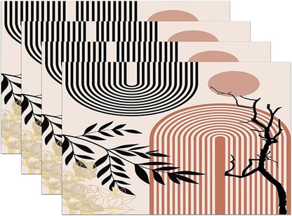 Abstract Mid Century Plant Placemats Boho Retro Tropical Palm Sun Arch Minimalist Modern Aesthetic Geometric Washable Place Mats 12x18Inch for Dining Kitchen Farmhouse Decor 4 PCS