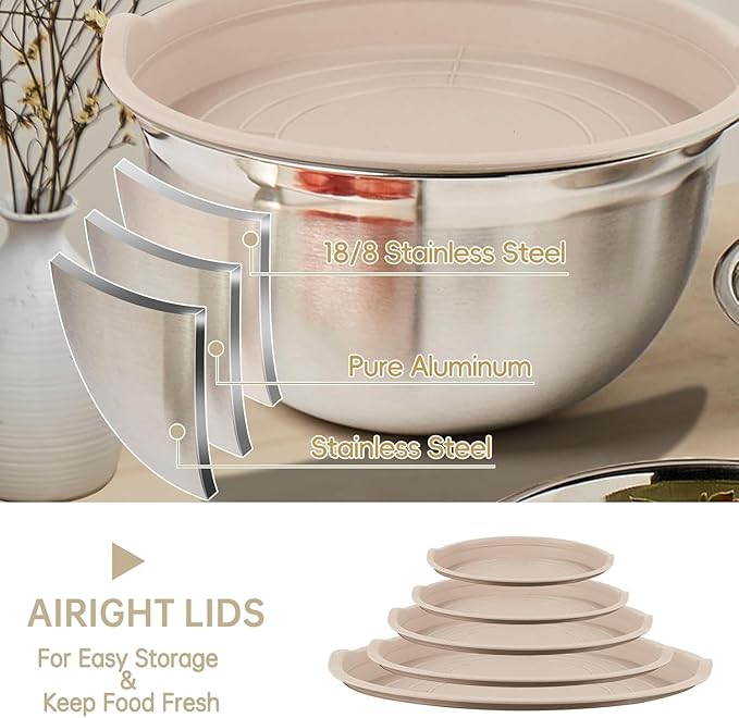 Mixing Bowls Set, 25PCS Khaki Mixing Bowls With Lids Set Stainless Steel Kitchen Large Nesting Metal Bowl 7QT to 1.5QT, Measuring Cups and Spoons for Prepping Cooking Serving