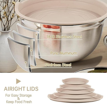 Mixing Bowls Set, 25PCS Khaki Mixing Bowls With Lids Set Stainless Steel Kitchen Large Nesting Metal Bowl 7QT to 1.5QT, Measuring Cups and Spoons for Prepping Cooking Serving