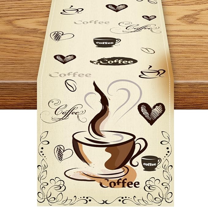 Coffee Theme Table Runner, Farmhouse Brown Coffee Time Cafe Cup Tea Bean Drinks by Unknown