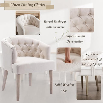Mid-Century Dining Chairs Set of 2, Tufted Upholstered Linen Dining Room Chairs Comfy Side Chair Armchair Guest Chair with Wooden Legs for Dining Room Living Room, Beige