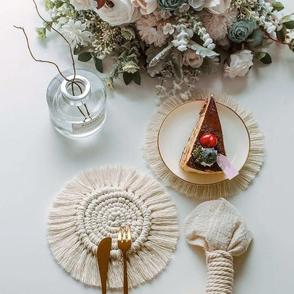 Boho Coasters Set of 2, Elegant Woven Cotton Drink Coasters, Handmade Macrame - Image 7