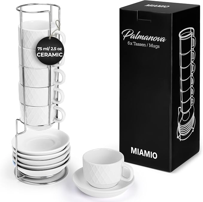 MIAMIO - 6 x 2.5 oz Stoneware Espresso Mug, Cup Set Modern - Palmanova by MIAMIO