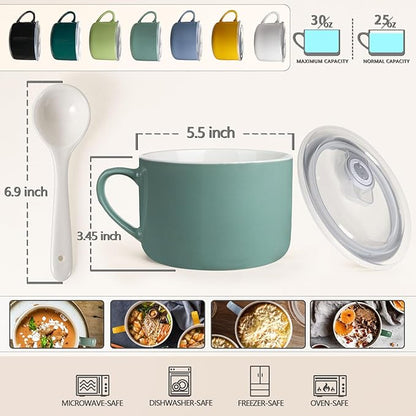 Soup Bowls with Handles & Spoons, 30oz Ceramic Ramen Bowl with Lid, Large Soup - Image 2