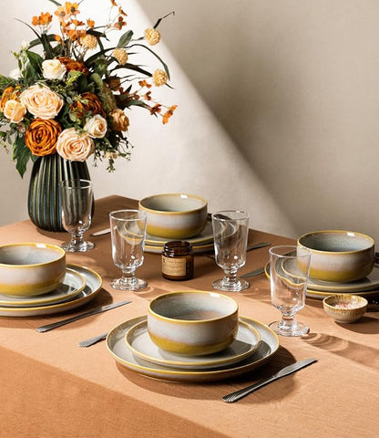 Ceramic Dinnerware Set for 4, 12-Piece Plates and Bowls Set | Handmade Reactive - Image 6