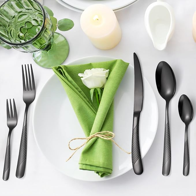 20-Piece ​Modern Black Hammered Silverware Set, 18/10 Stainless Steel Flatware - Image 7
