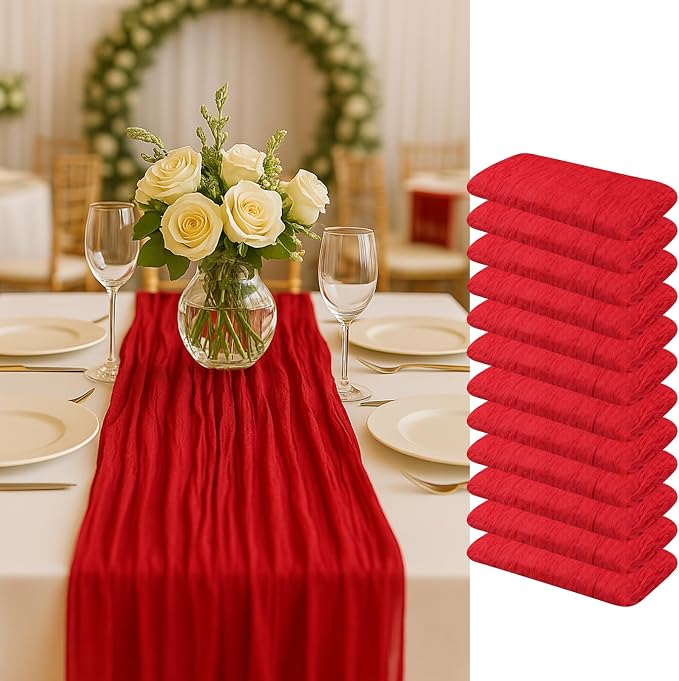 12 Pack Red Cheesecloth Table Runner Set – 10FT x 12pcs Gauze Boho Table Runners - Image 7