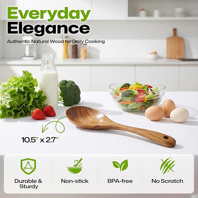 Teak Wooden Salad Spoon, Durable Wooden Serving Spoon, Nonstick-Safe Wooden - Image 3