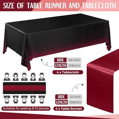 Breling 8 Pack Black and Maroon Disposable Plastic Tablecloths and Satin Table Runner Set, 54 x 108 Inch Tablecloth, 12 x 108 Inch Table Runners for Wedding Graduation Birthday Baby Shower